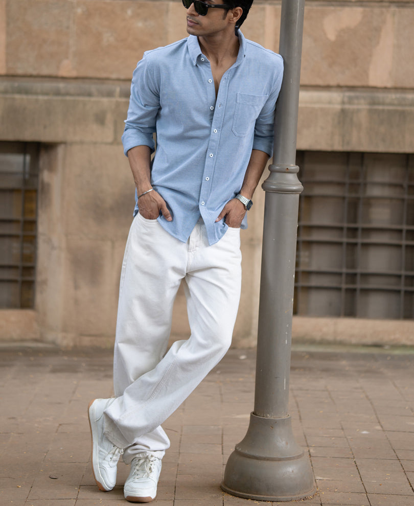 Blue Knitted Button Down Shirt