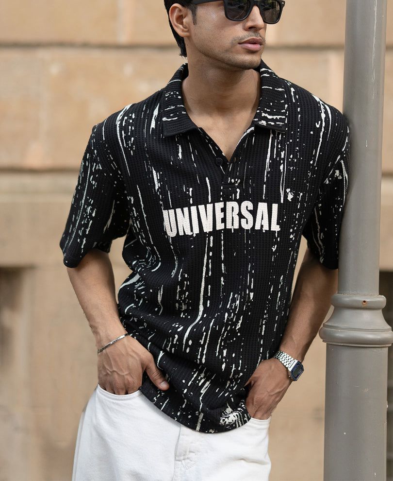 Black Structured Printed Polo T-Shirt