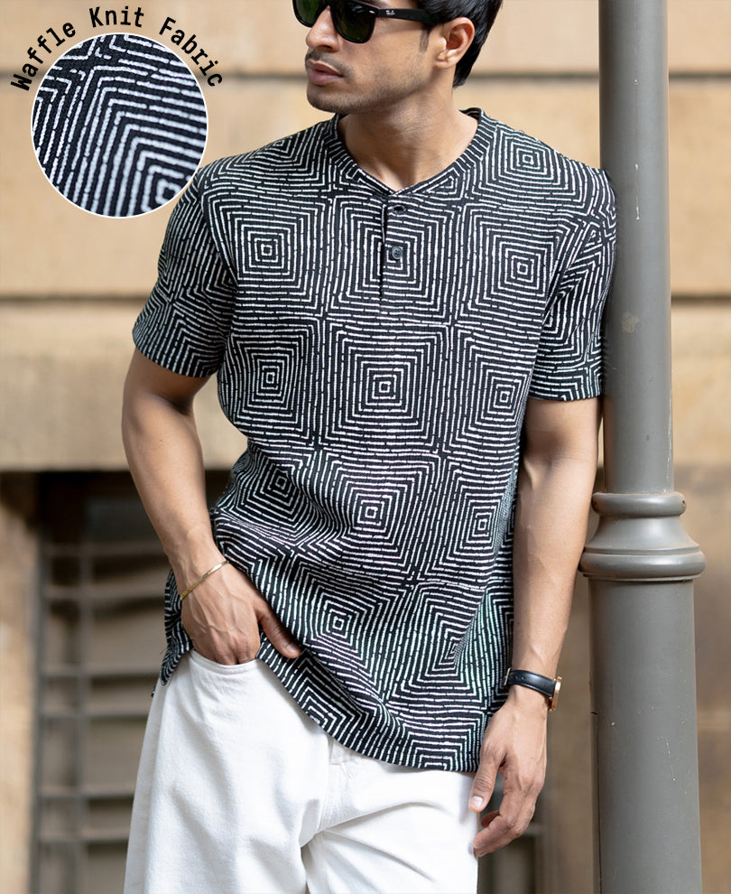 Black Maze Print Henley T-Shirt