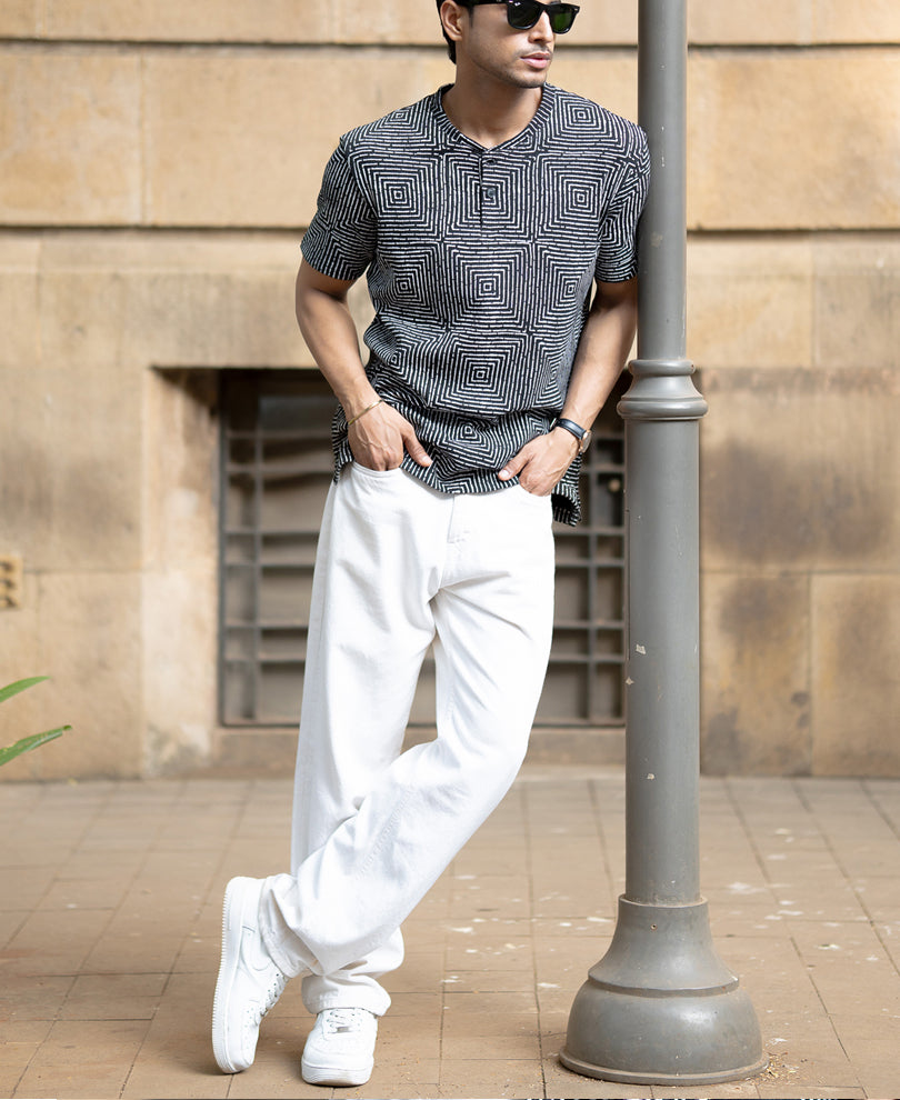 Black Maze Print Henley T-Shirt