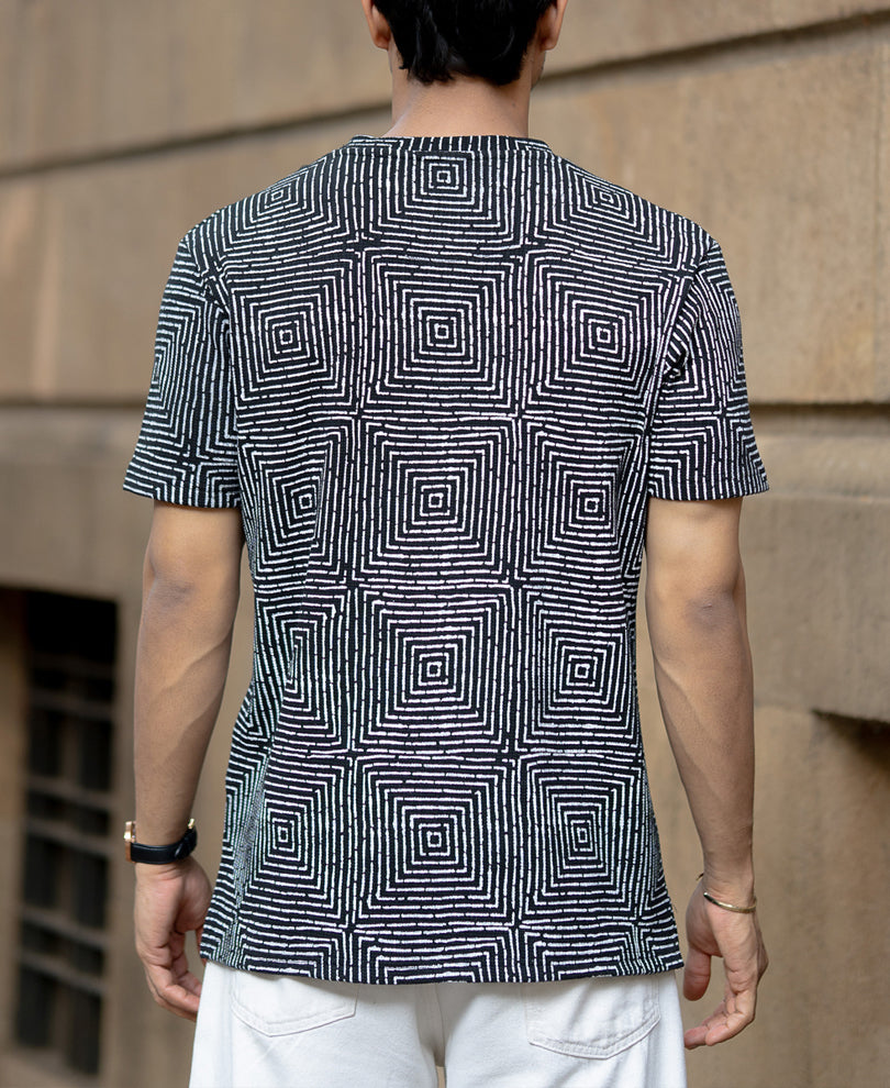Black Maze Print Henley T-Shirt