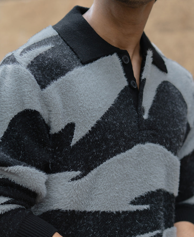 Black Abstract Jacquard Knit Polo Sweater