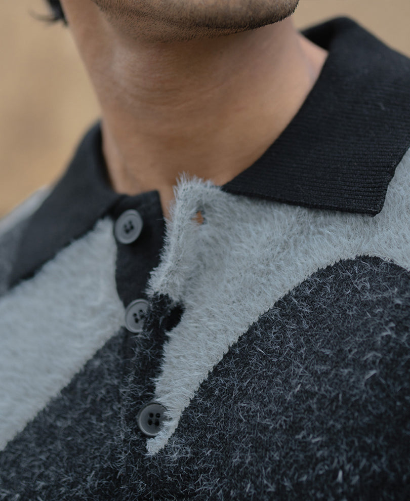 Black Abstract Jacquard Knit Polo Sweater