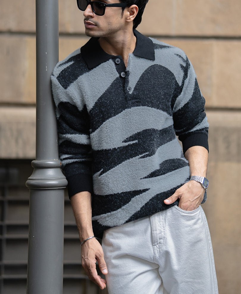 Black Abstract Jacquard Knit Polo Sweater