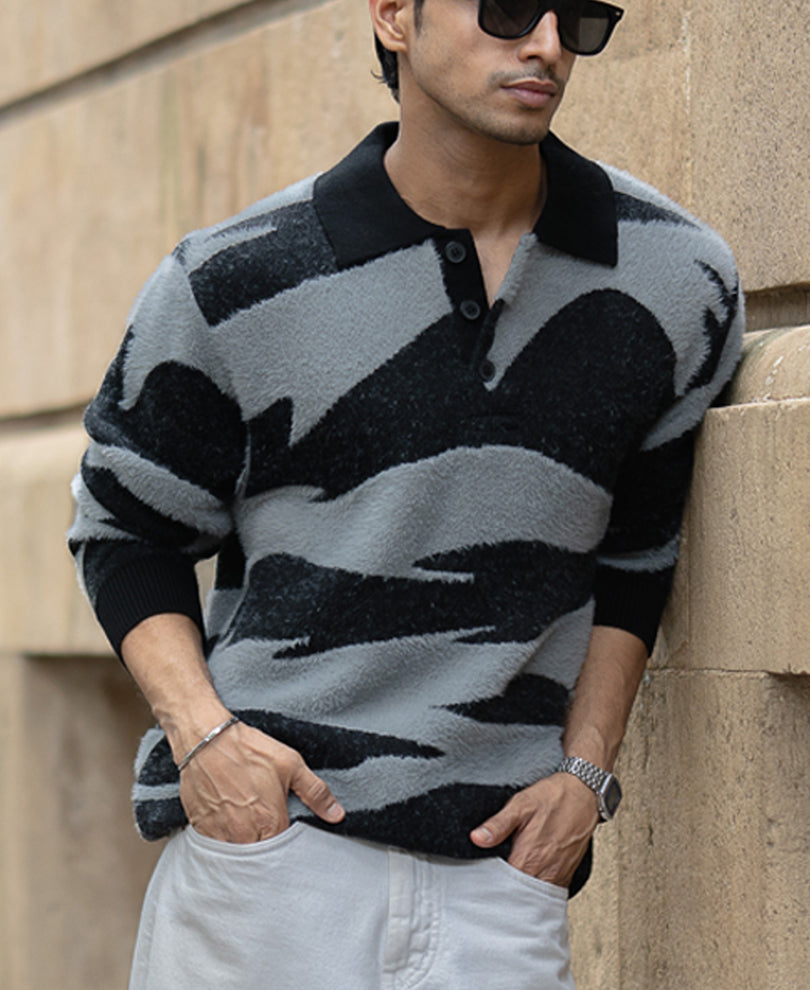 Black Abstract Jacquard Knit Polo Sweater