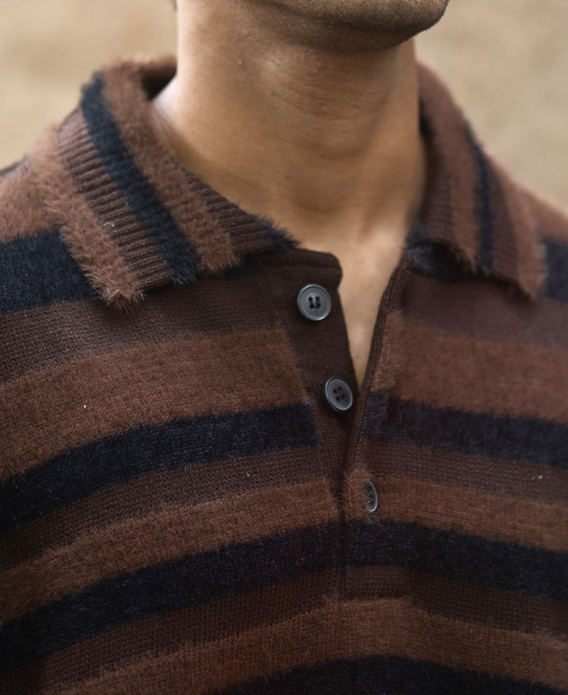 Dark Brown Striped Polo Sweater