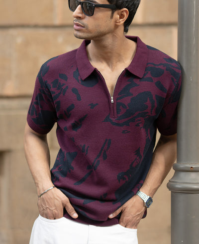 Wine Abstract Knit Polo T-Shirt