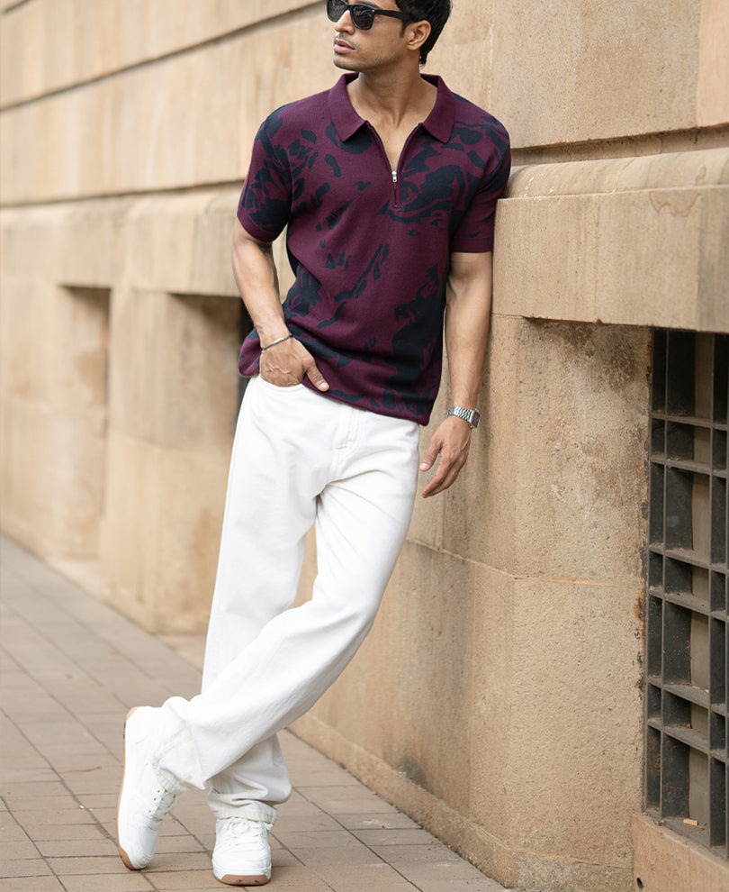 Wine Abstract Knit Polo T-Shirt