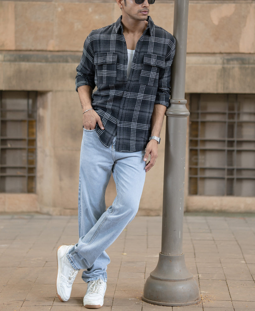 Black Structured Double Pockets Checked Shirt