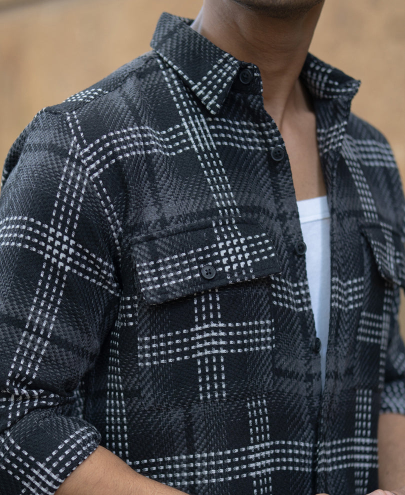 Black Structured Double Pockets Checked Shirt