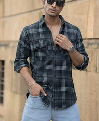 Black Structured Double Pockets Checked Shirt