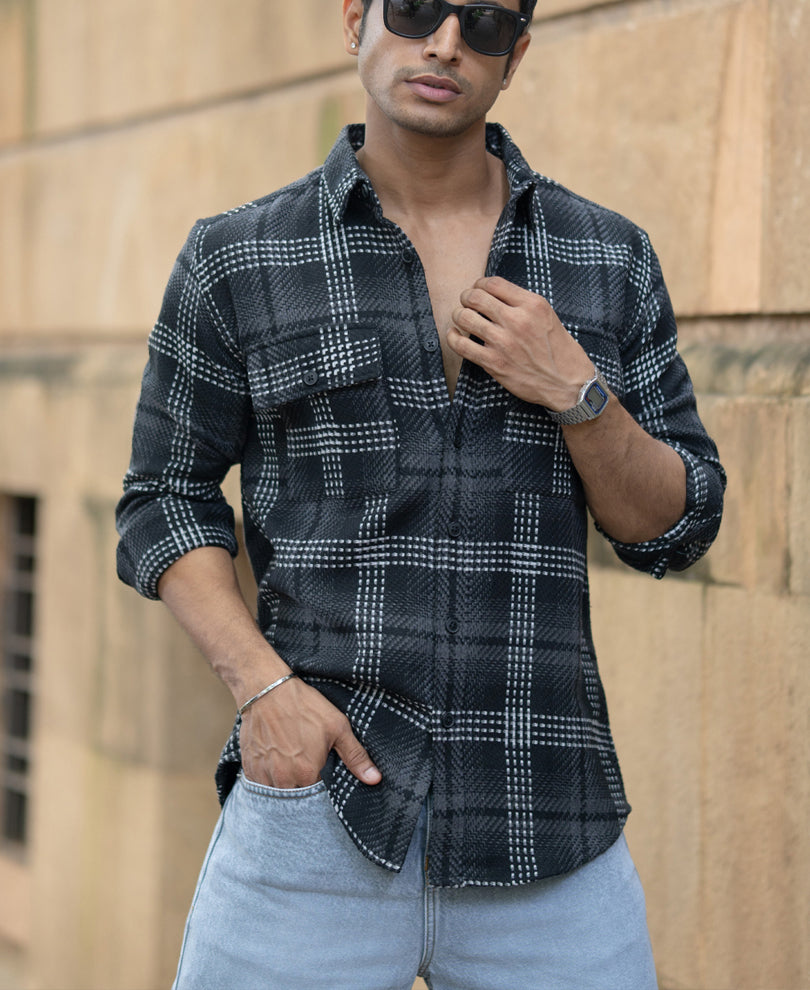 Black Structured Double Pockets Checked Shirt