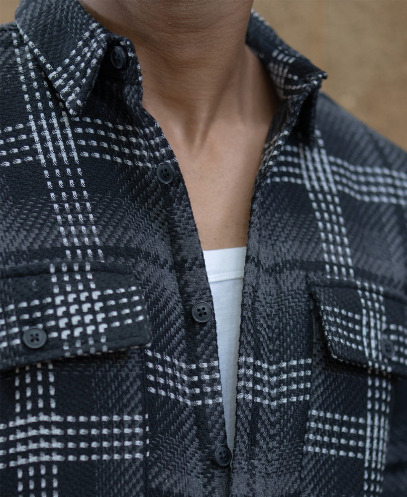 Black Structured Double Pockets Checked Shirt