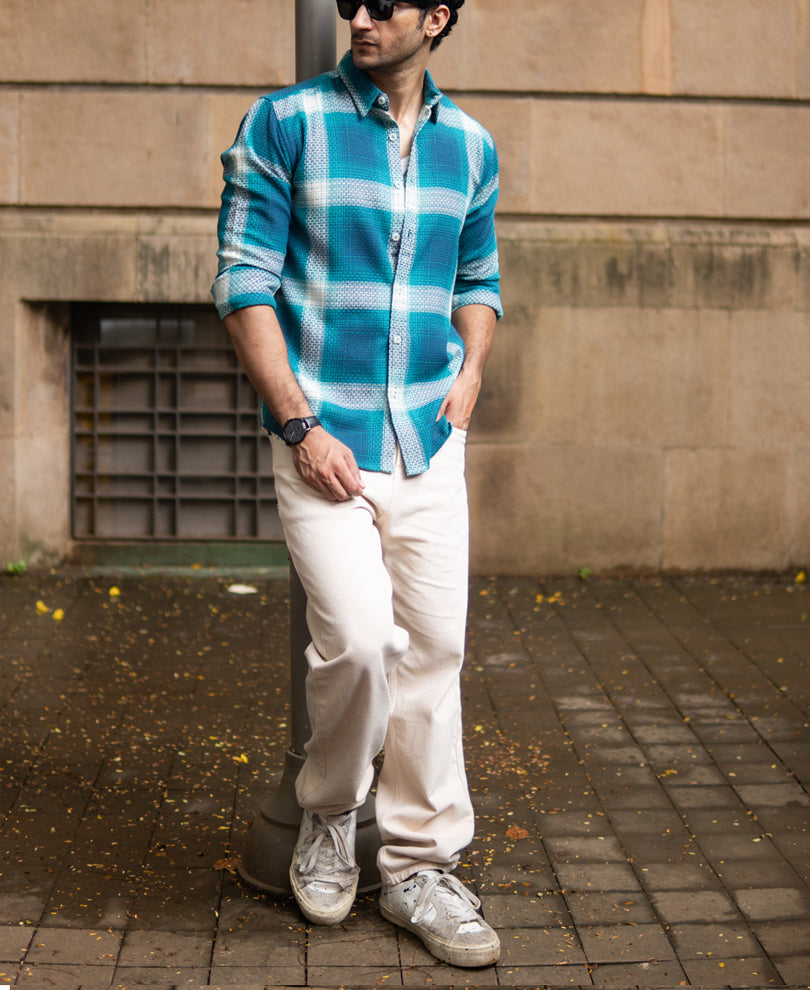 Blue Structured Checked Shirt