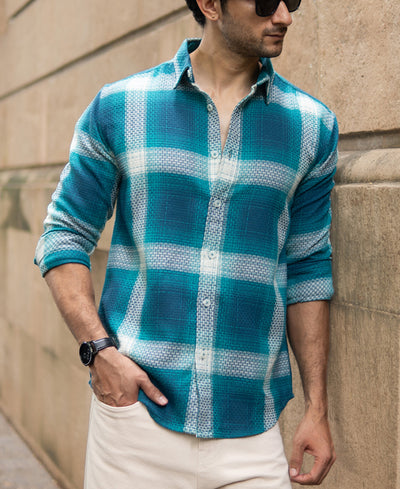 Blue Structured Checked Shirt
