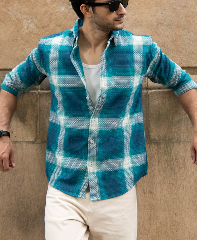 Blue Structured Checked Shirt