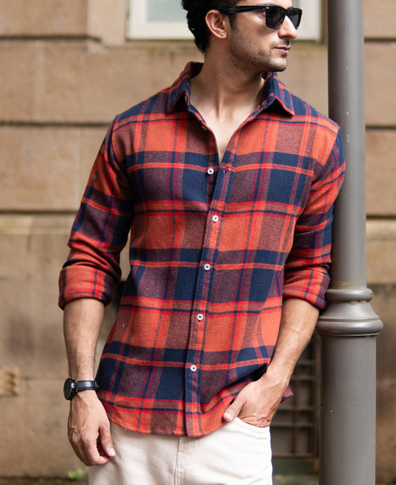 Rust And Navy Checks Shirt