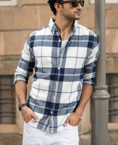 Navy And White Macro Checks Shirt