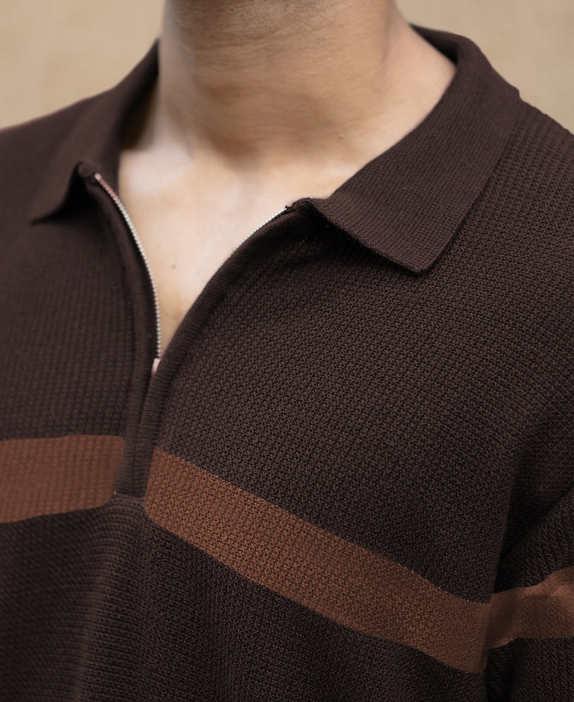Coffee Brown Striped Knit T-Shirt