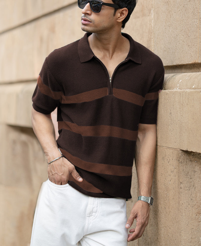 Coffee Brown Striped Knit T-Shirt
