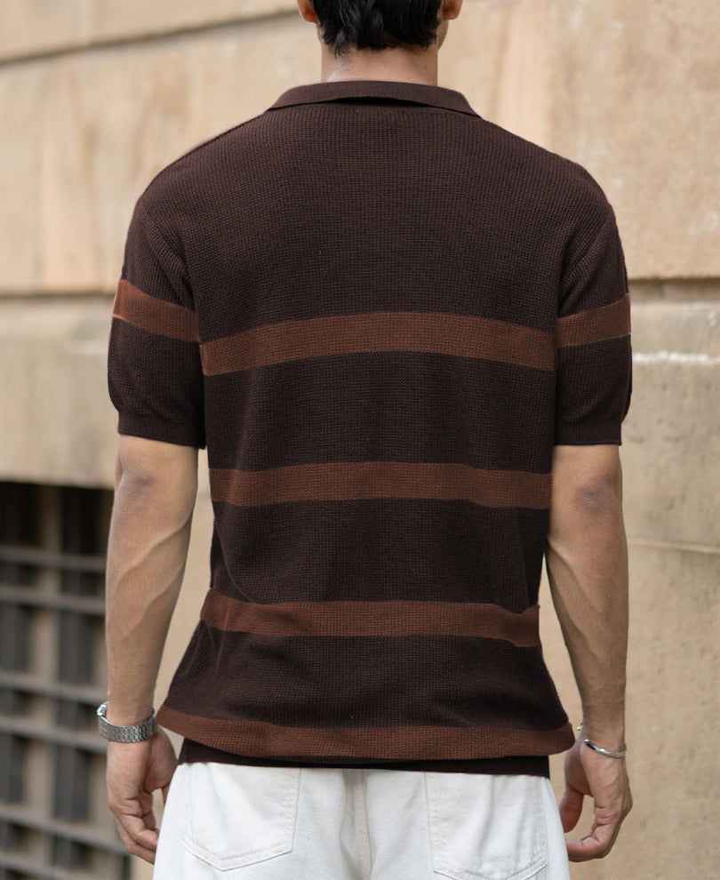 Coffee Brown Striped Knit T-Shirt