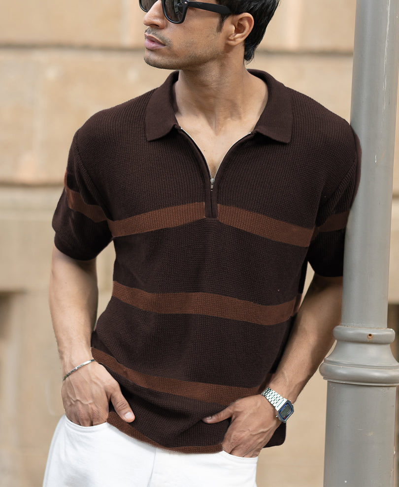 Coffee Brown Striped Knit T-Shirt