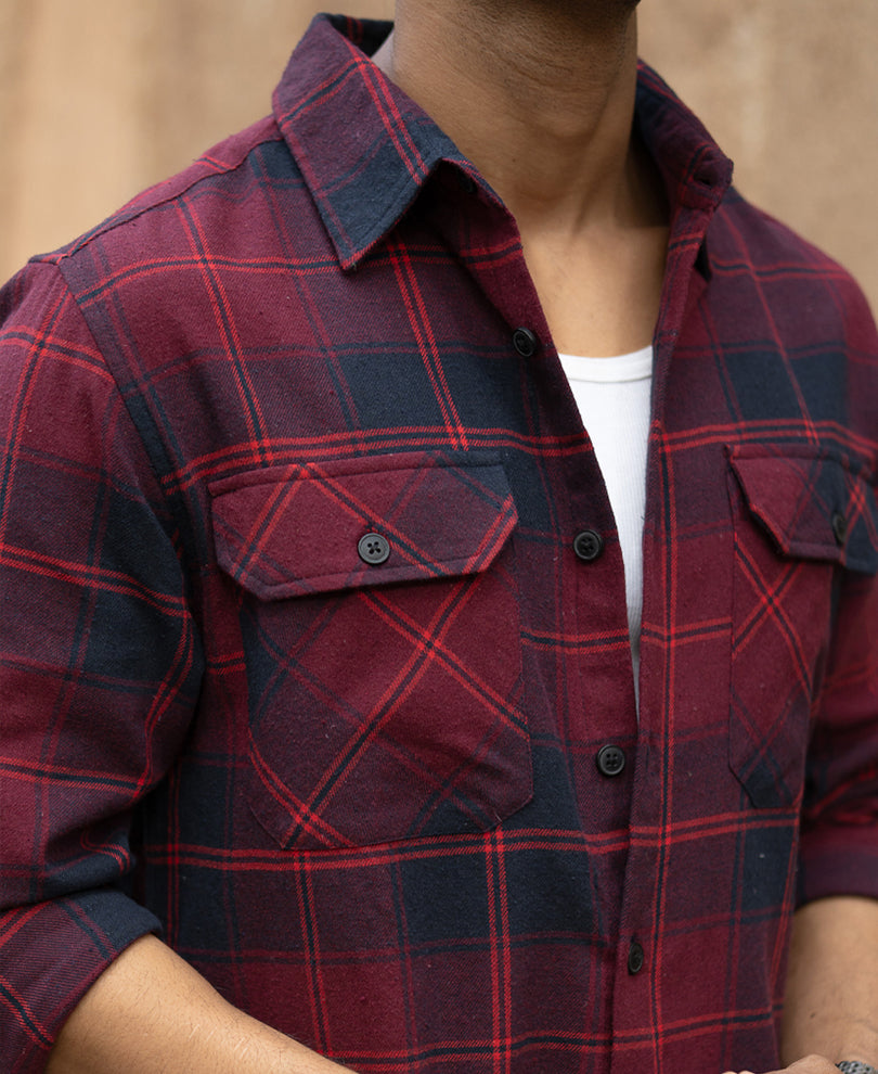 Wine Check Shirt With Pockets