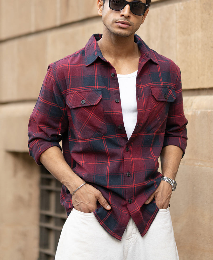 Wine Check Shirt With Pockets