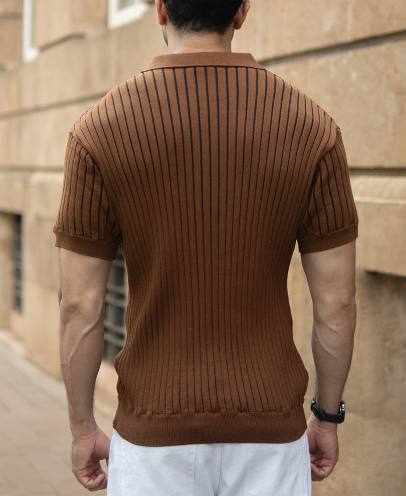 Brown Striped Knit Polo T-Shirt