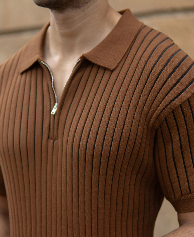 Brown Striped Knit Polo T-Shirt