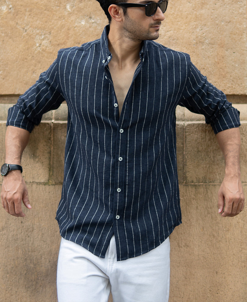 Dark Blue Flowy Striped Shirt