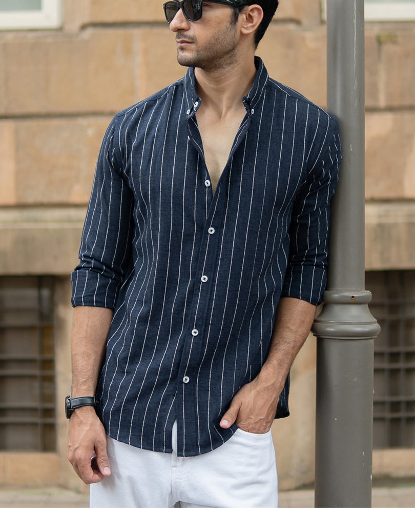 Dark Blue Flowy Striped Shirt