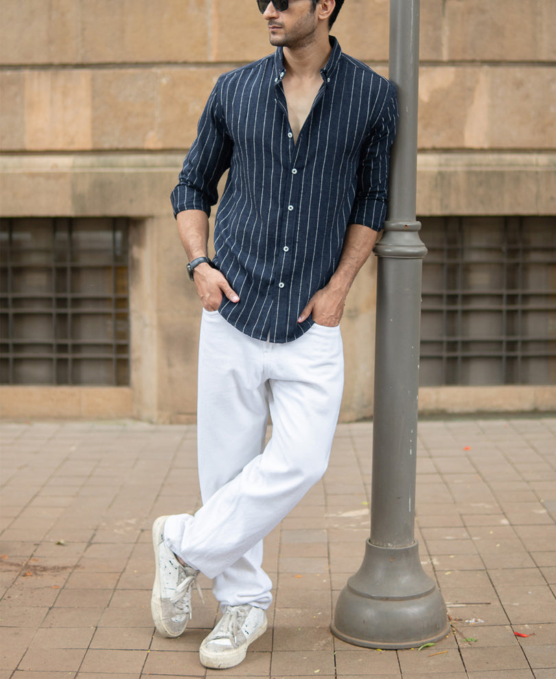 Dark Blue Flowy Striped Shirt