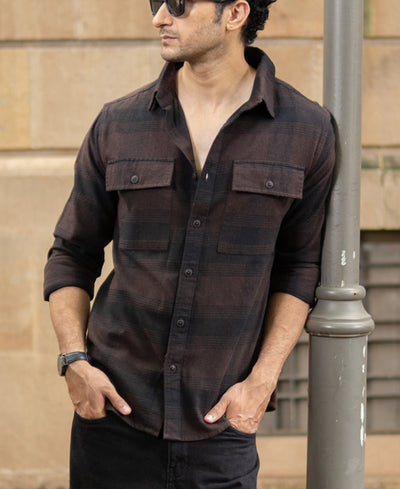 Dark Brown Brushed Checks Shirt