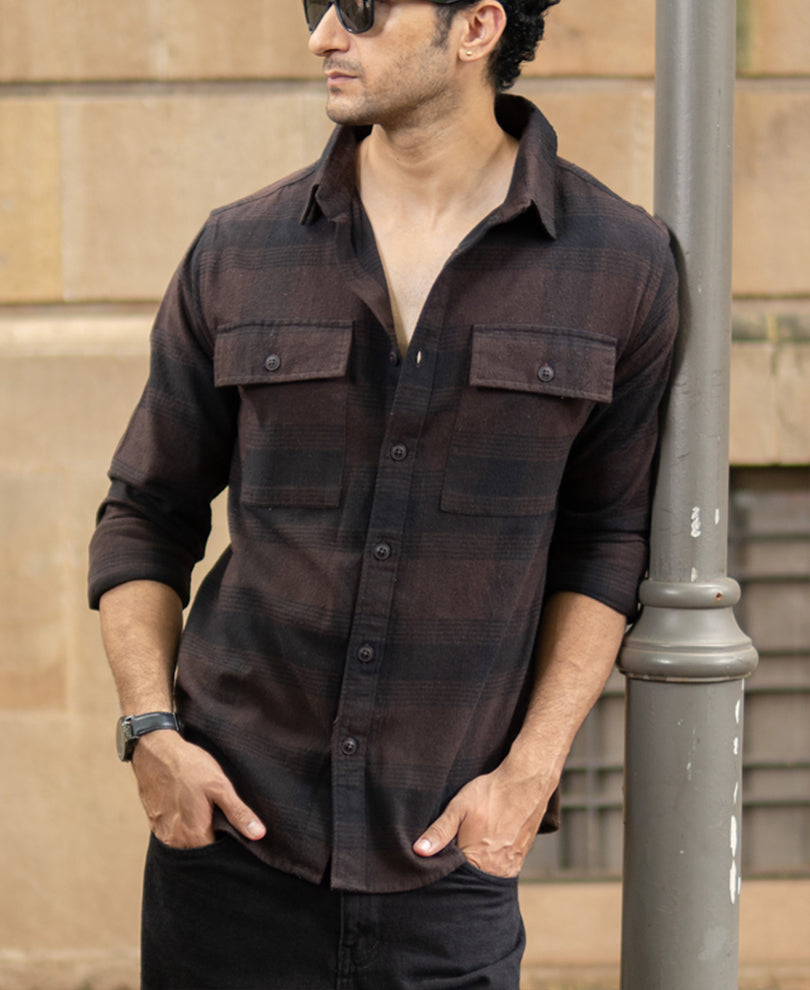 Dark Brown Brushed Checks Shirt