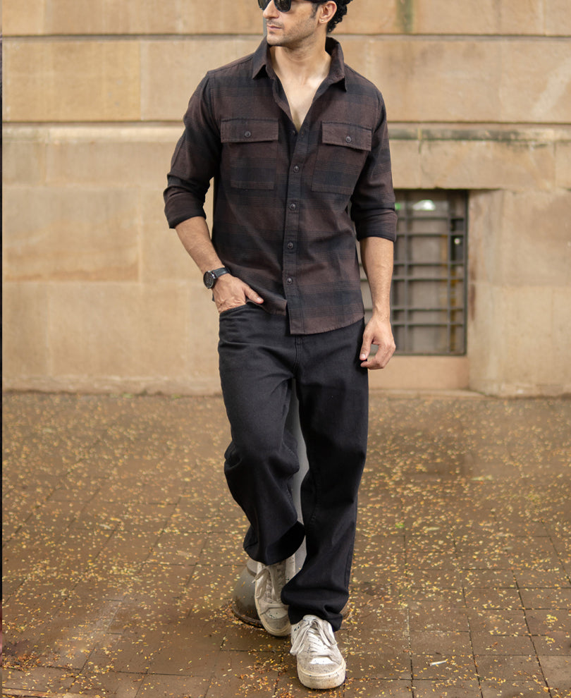 Dark Brown Brushed Checks Shirt