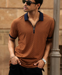 Dark Tan Contrast Collar Zipper T-Shirt