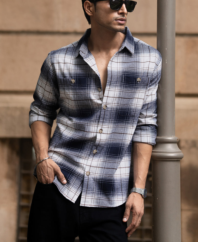 Navy And White Checks Shirt