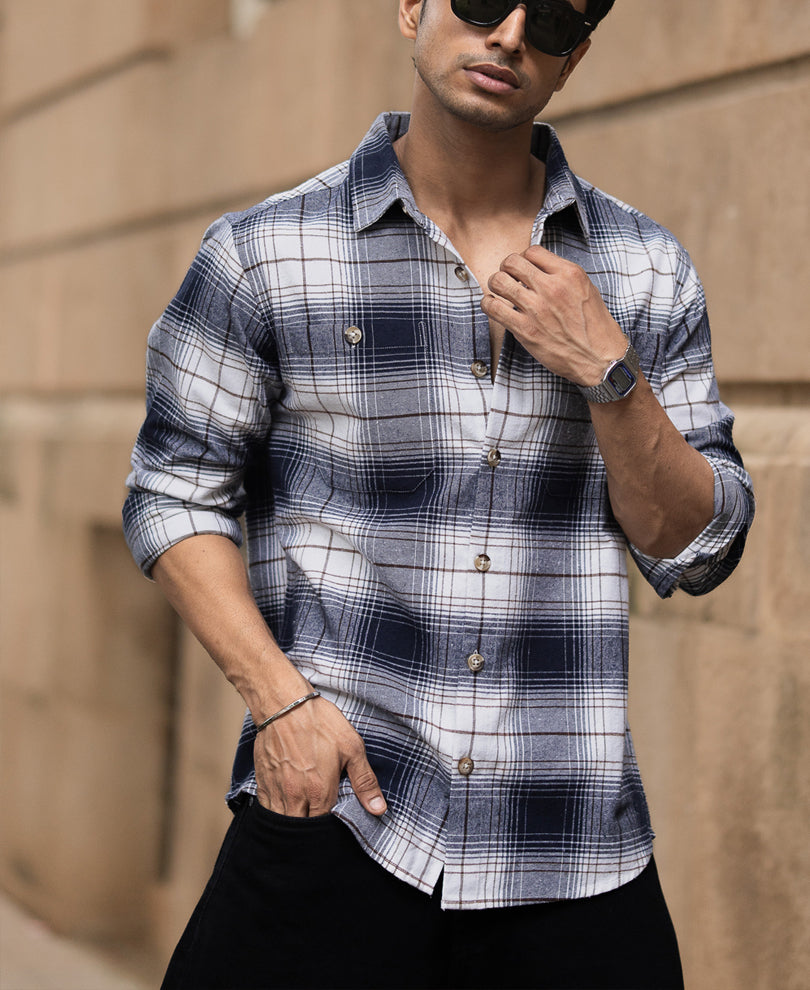 トップス DOUBLE W0041- mini check shirt - OVY Navy And White Checks Shirt