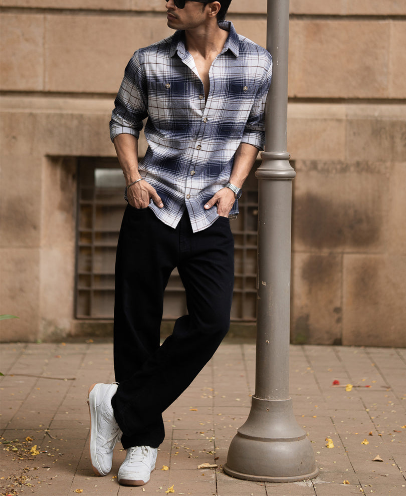 Navy And White Checks Shirt