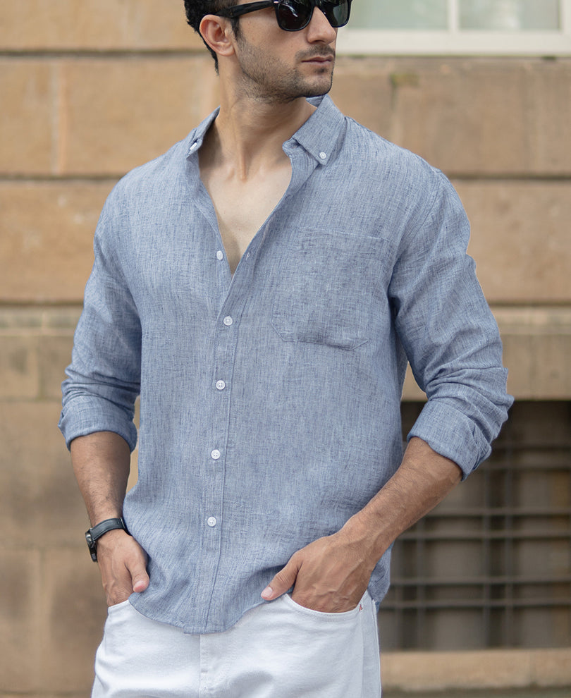 Dark Blue Slub Textured Shirt.