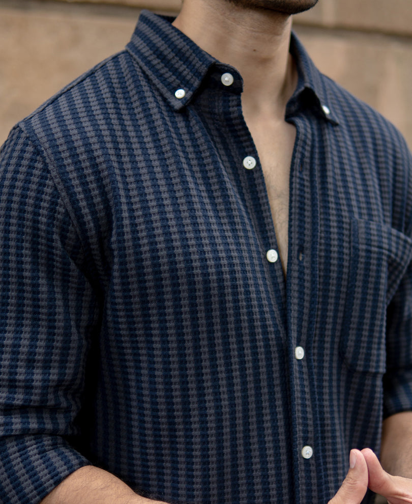 Grey Knit Structured Stripe Shirt