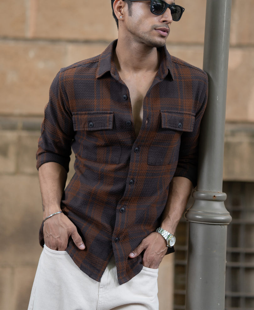Dark Brown Structured Checks Shirt