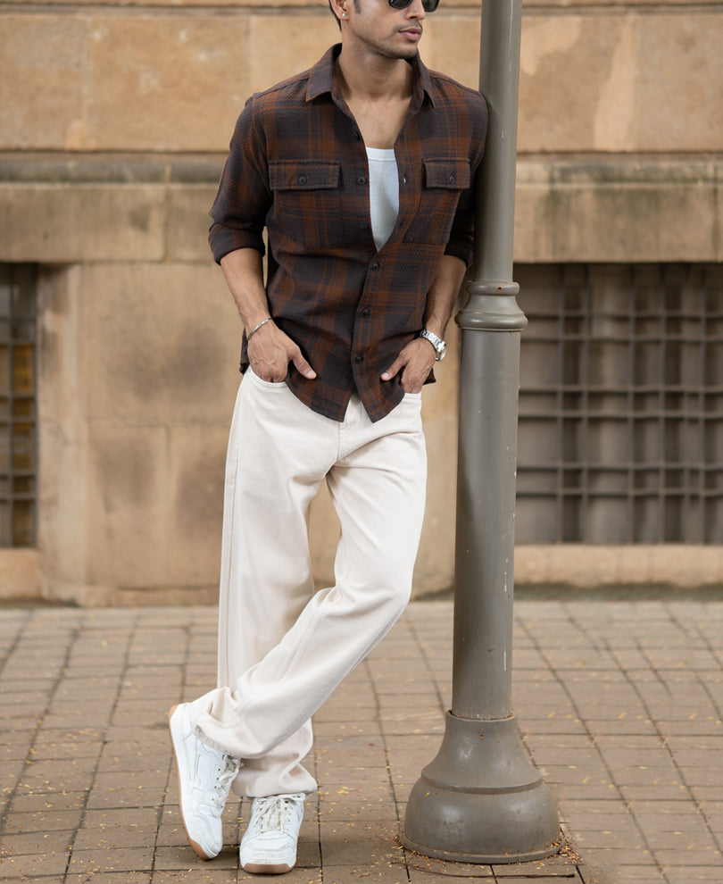Dark Brown Structured Checks Shirt