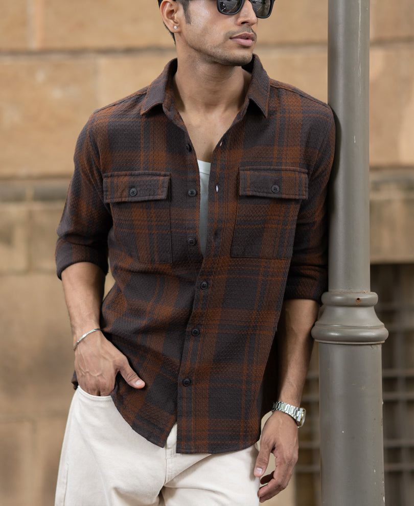 Dark Brown Structured Checks Shirt