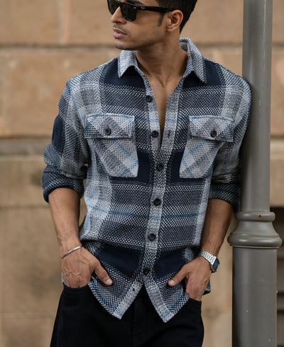 Grey And Navy Structured Checks Shirt