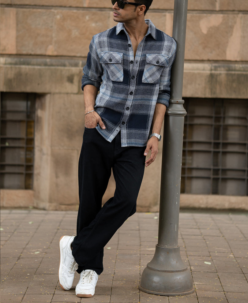Grey And Navy Structured Checks Shirt