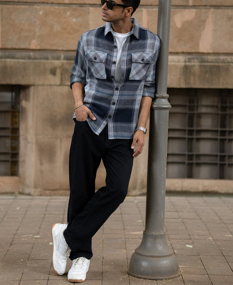 Grey And Navy Structured Checks Shirt