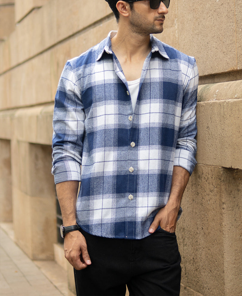 Dark Blue Brushed Checks Shirt