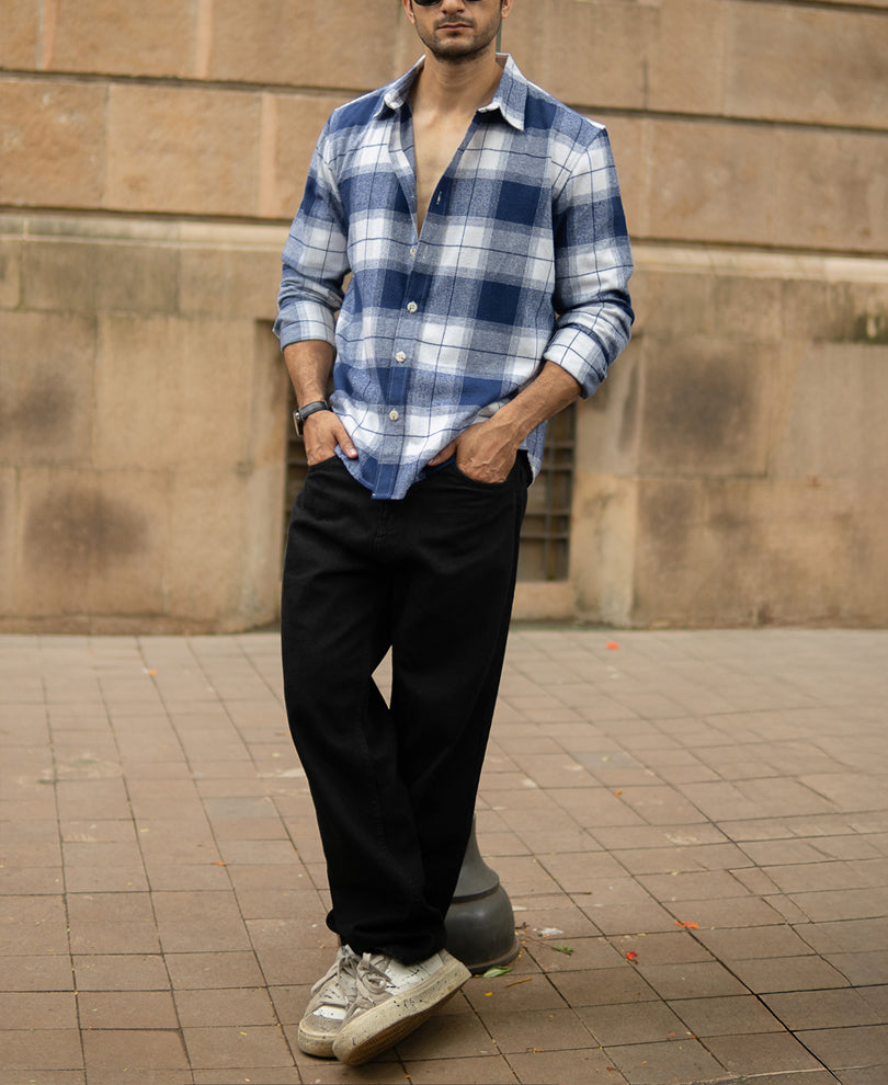 Dark Blue Brushed Checks Shirt